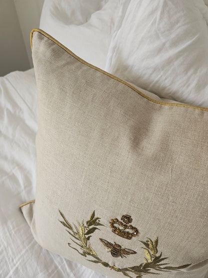 HAND EMBROIDERED - Bee Cushion | NATURAL