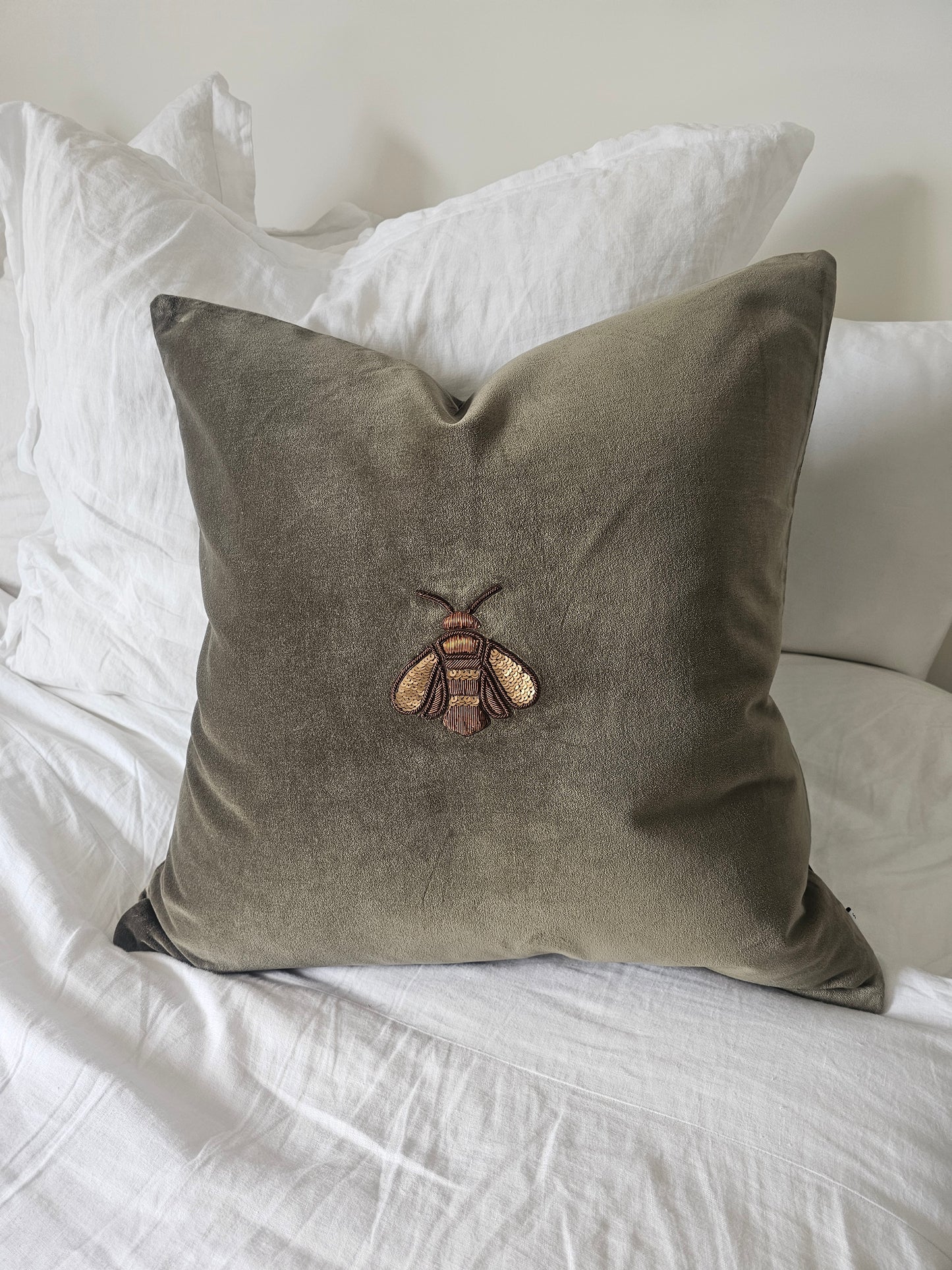 HAND EMBROIDERED - Bee Cushion | Green