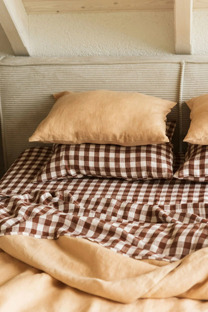 Mocha Gingham Linen Flat Sheet  | Made in Europe