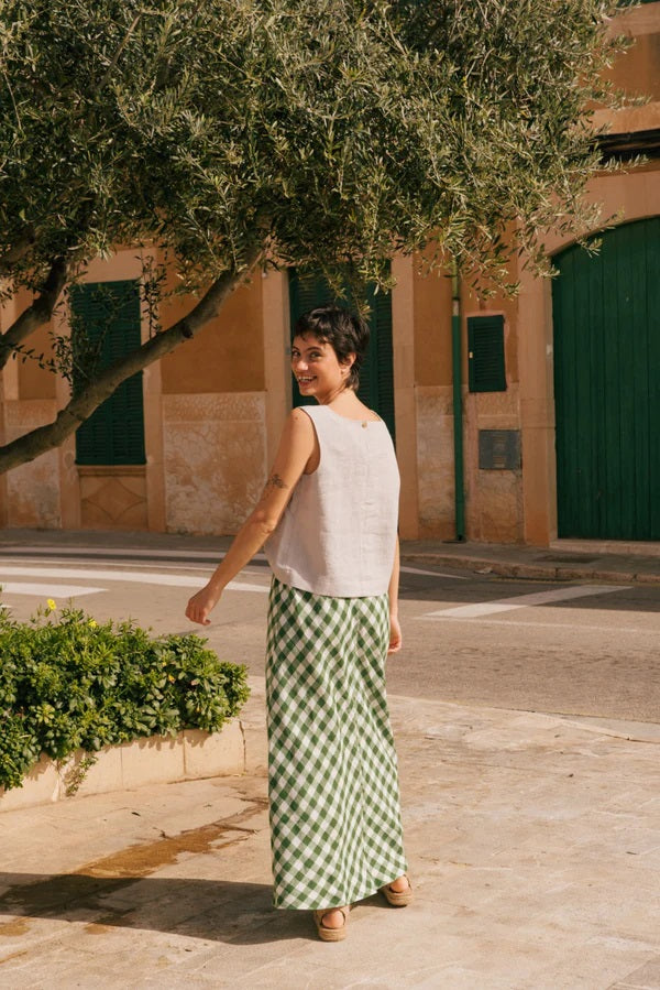 CIARA Linen Slip Skirt | Green Gingham