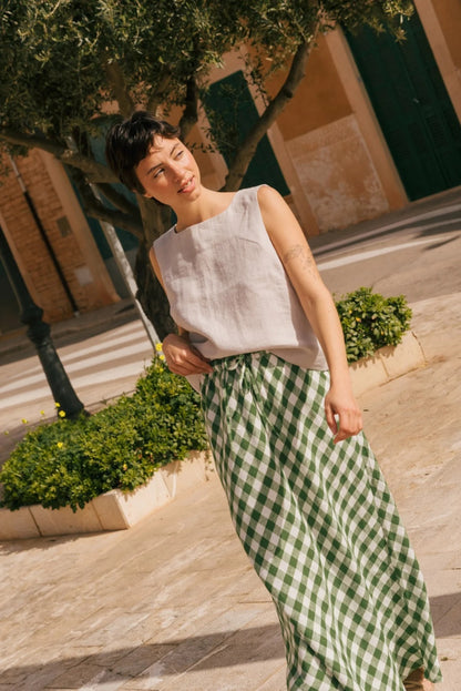 CIARA Linen Slip Skirt | Green Gingham