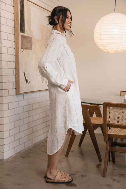 Linen shirt dress | Off White & Nutmeg Stripe