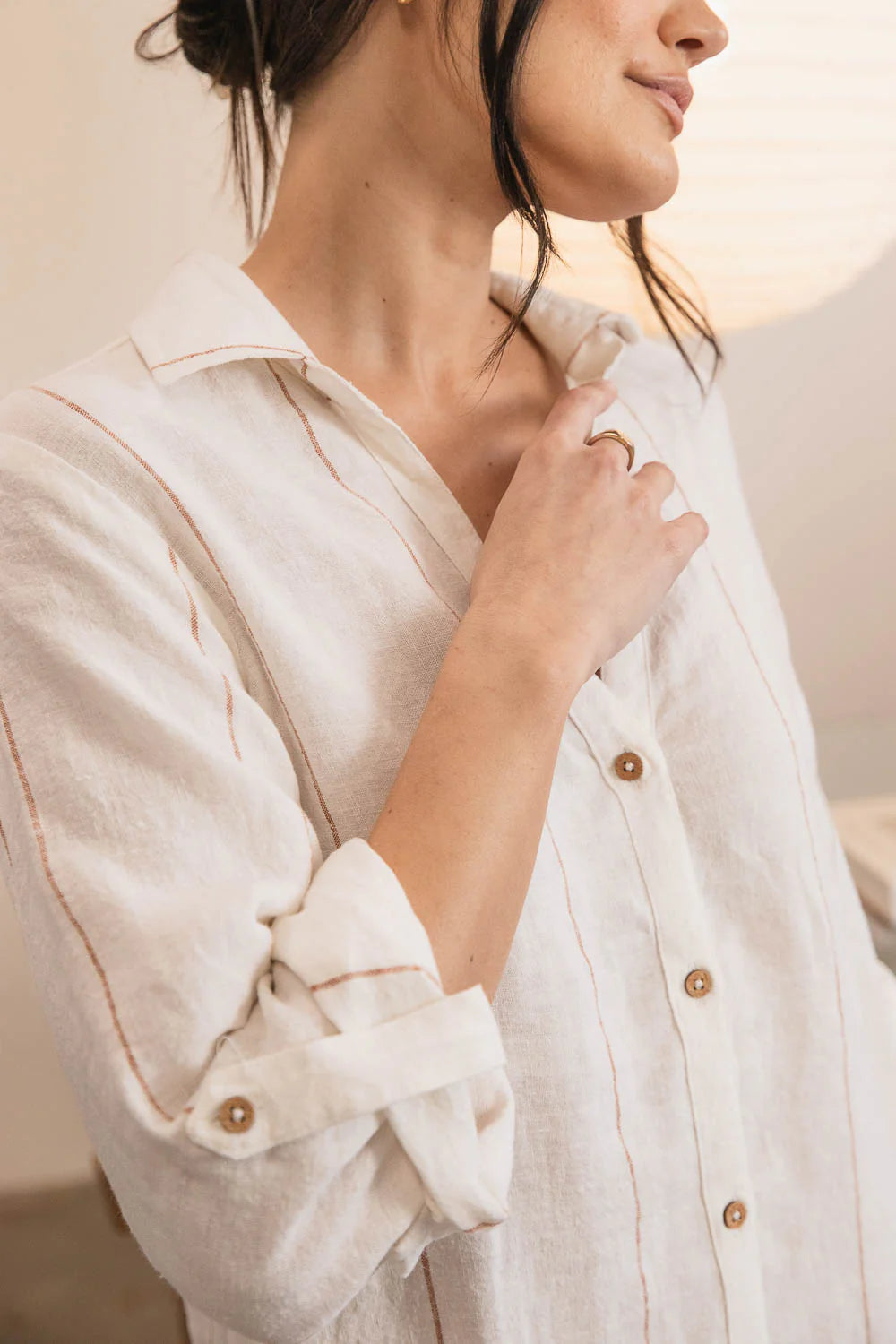 Linen shirt dress | Off White & Nutmeg Stripe