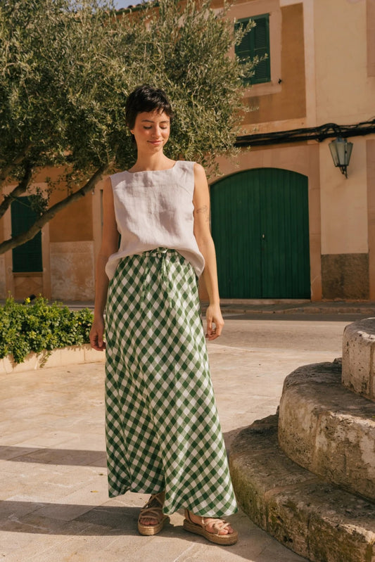 CIARA Linen Slip Skirt | Green Gingham