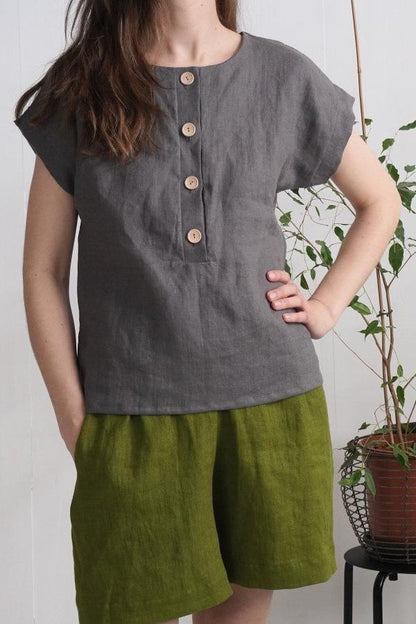 Button Up Linen T-Shirt | Dark Grey