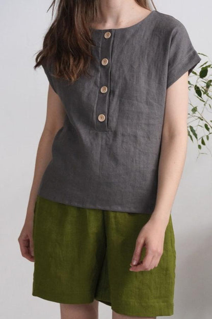 Button Up Linen T-Shirt | Dark Grey