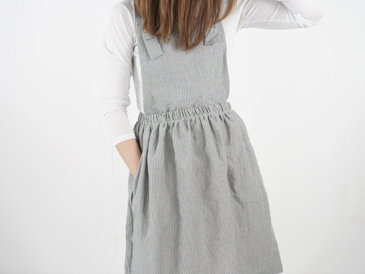 Linen Pinafore Dress in Fine Blue Stripe