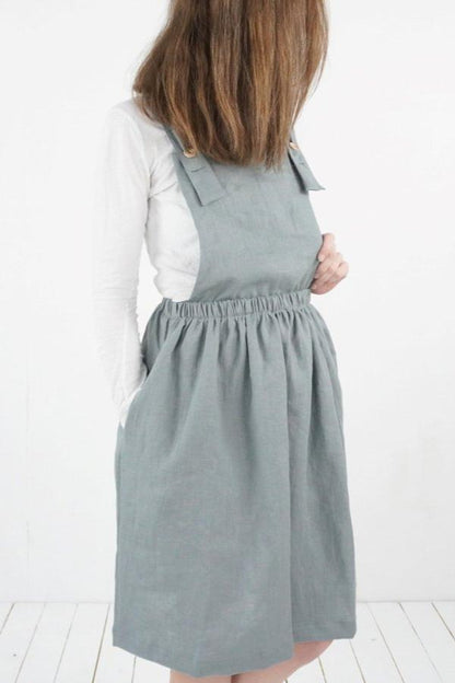 Linen Pinafore Dress in Dusty Grey Blue