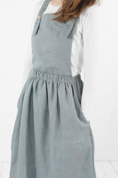 Linen Pinafore Dress in Dusty Grey Blue