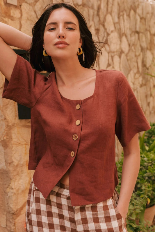 Maeve button linen top | Terracotta