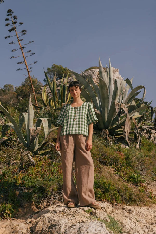 Maeve button linen top | Green Gingham