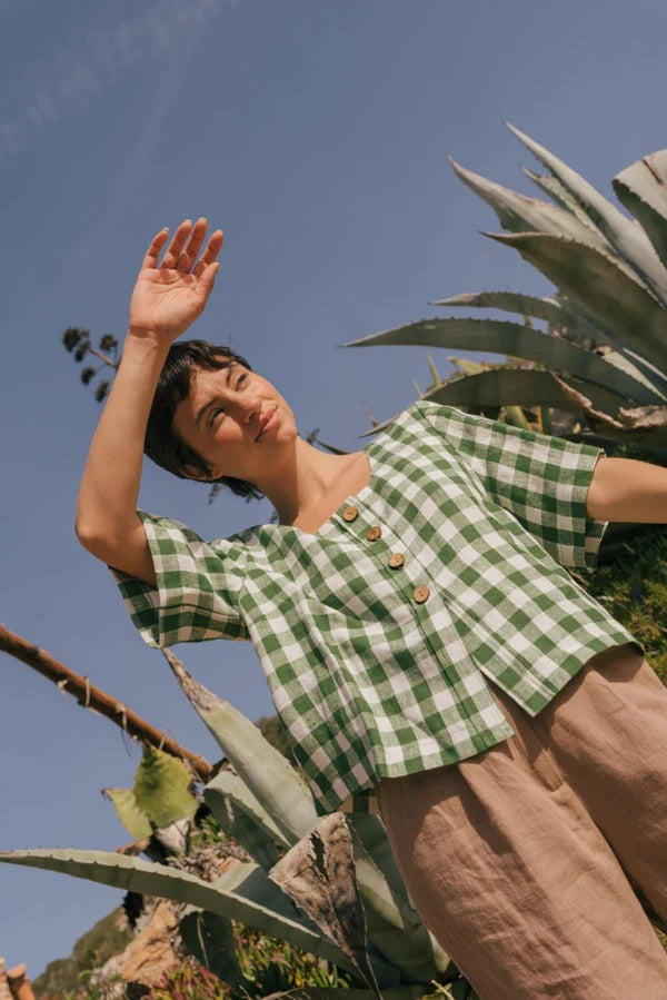 Maeve button linen top | Green Gingham