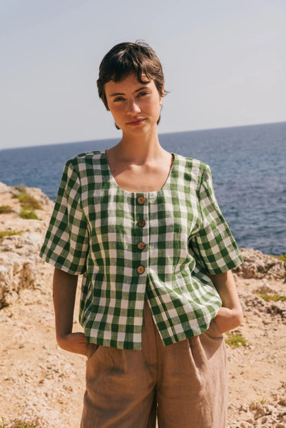 Maeve button linen top | Green Gingham