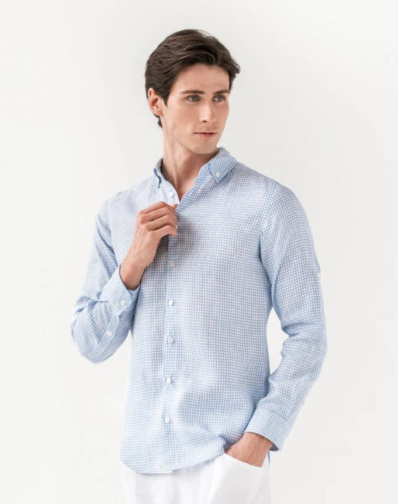 Mens Linen Shirt |  Blue Gingham