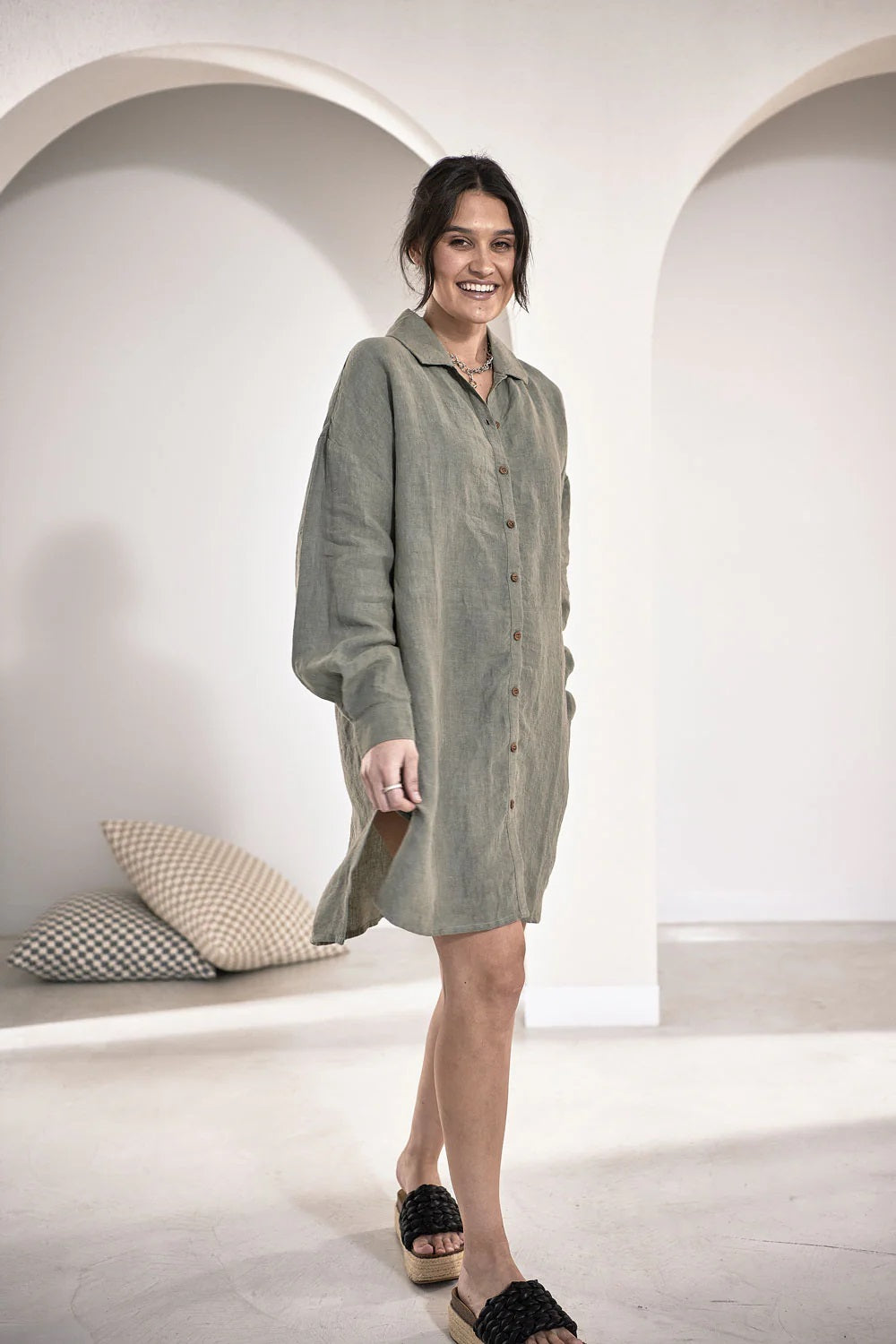 Linen Shift Dress | Olive