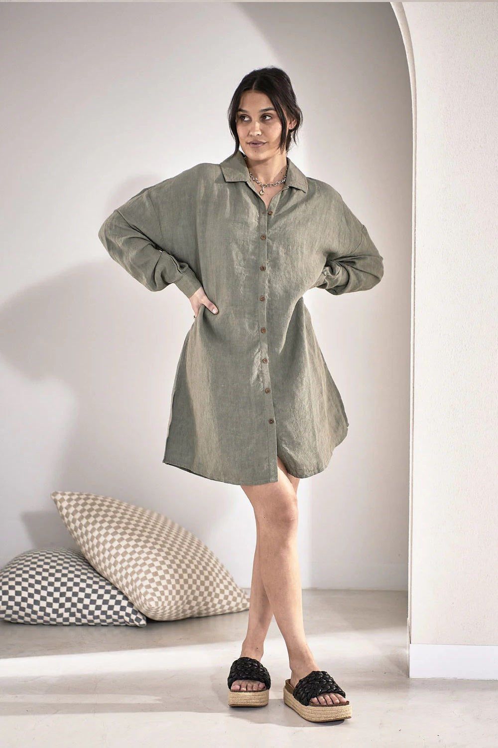 Linen Shift Dress | Olive