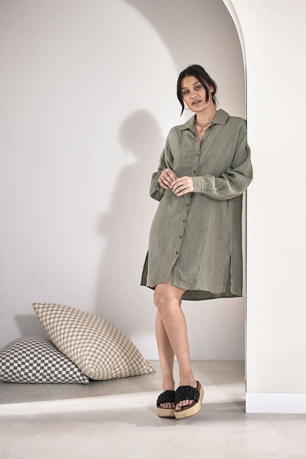 Linen Shift Dress | Olive