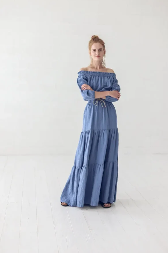 Off-Shoulder Linen Dress | Dusk Blue