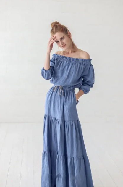 Off-Shoulder Linen Dress | Dusk Blue