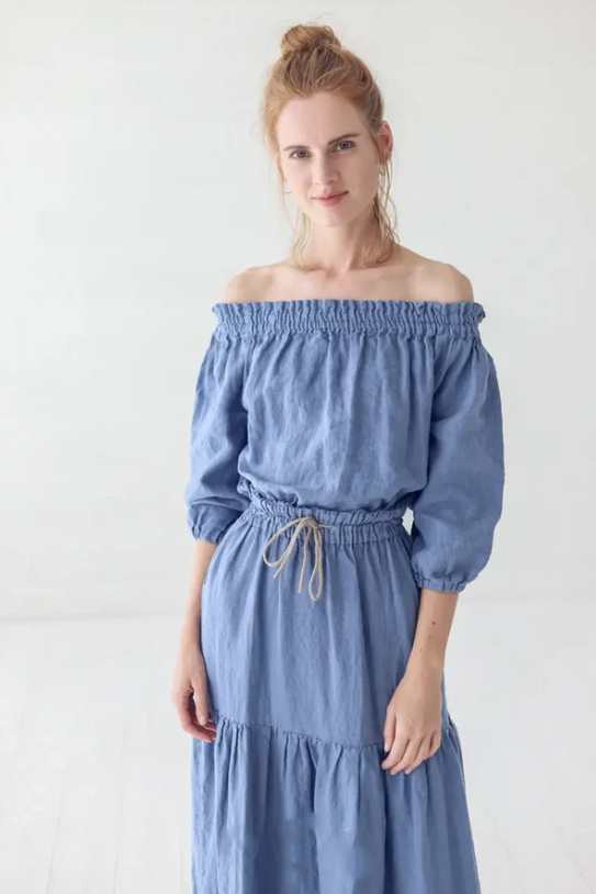 Off-Shoulder Linen Dress | Dusk Blue