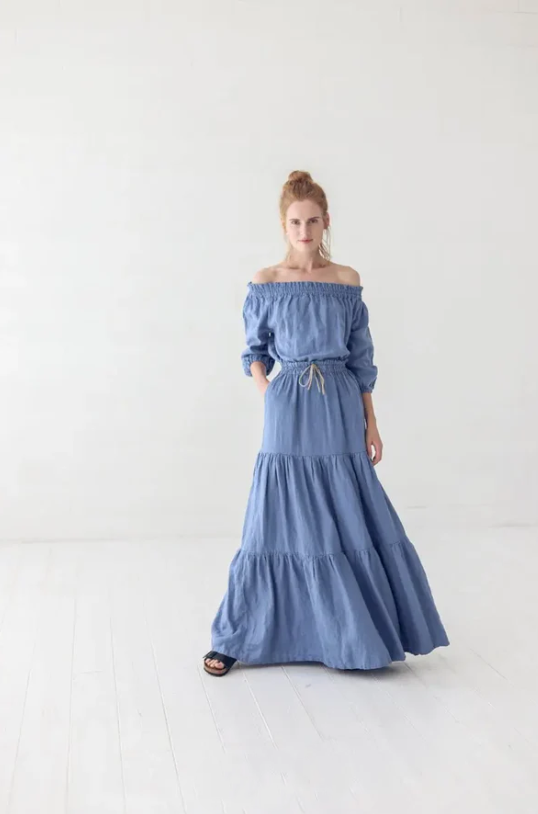 Off-Shoulder Linen Dress | Dusk Blue