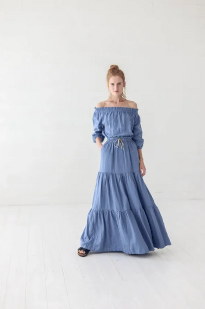 Off-Shoulder Linen Dress | Dusk Blue