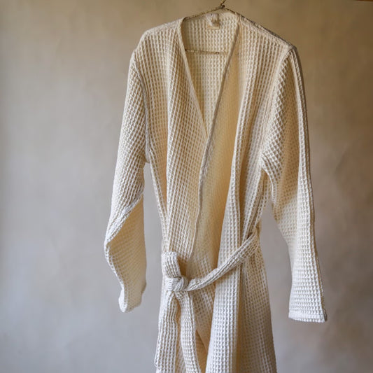 Linen Waffle Towel Bath Robe  | Cream