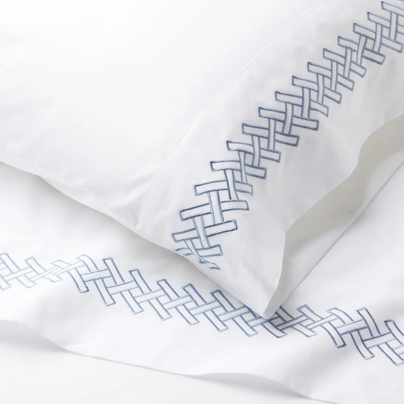 Luxury Rattan Weave Embroidered Flat Sheet Set | Mediterranean Blue