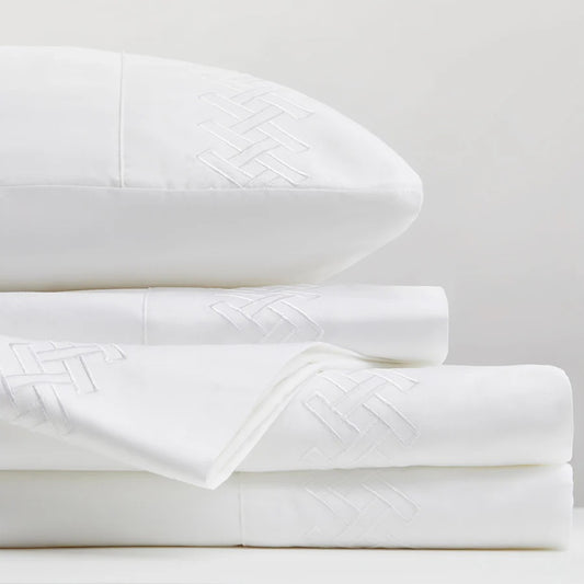 Luxury Rattan Weave Embroidered Flat Sheet Set | White