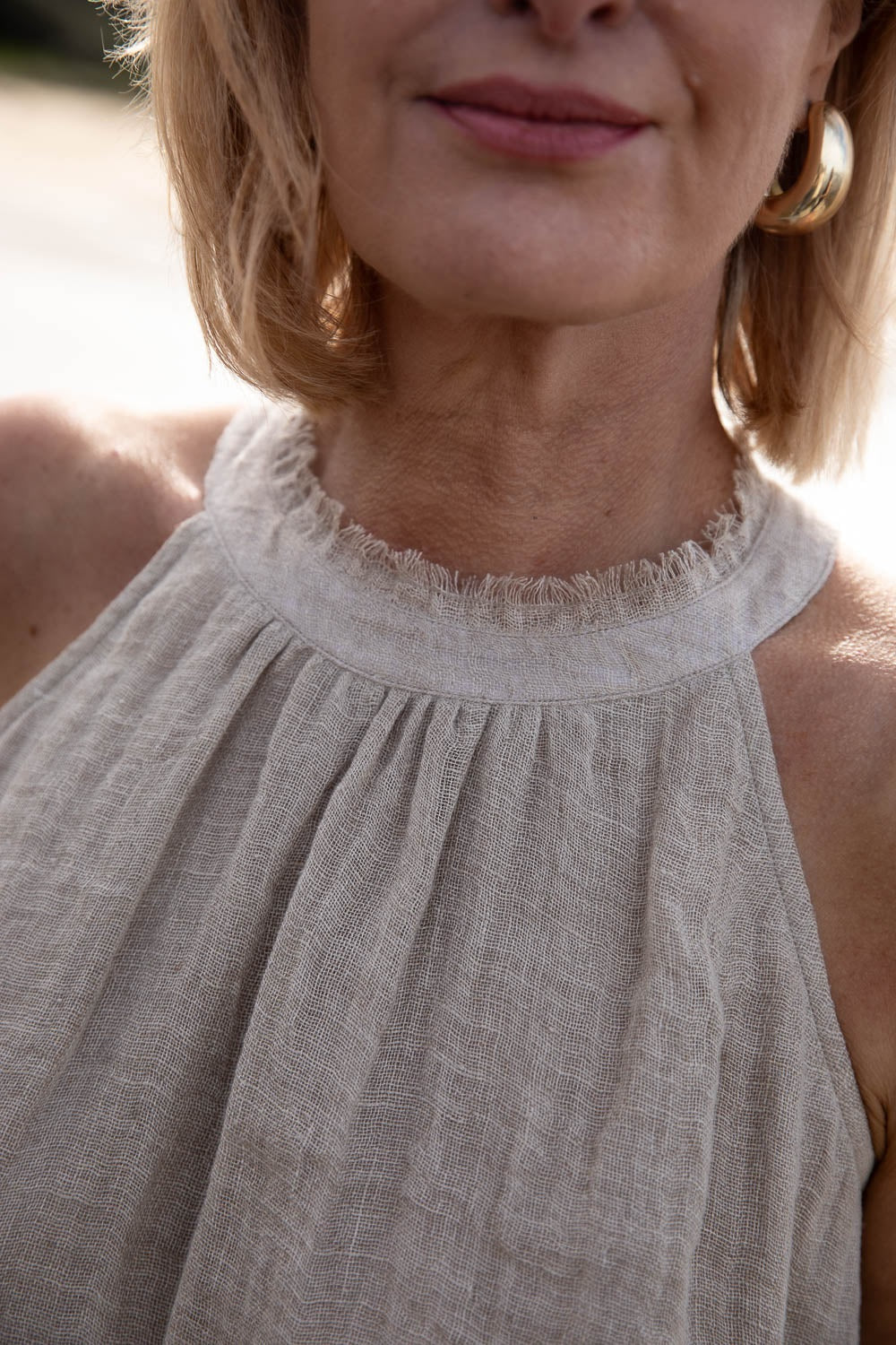 Gauze Linen Highneck Top | Natural