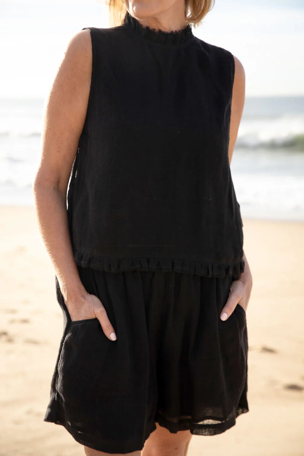 Gauze Linen Tank Top | Black