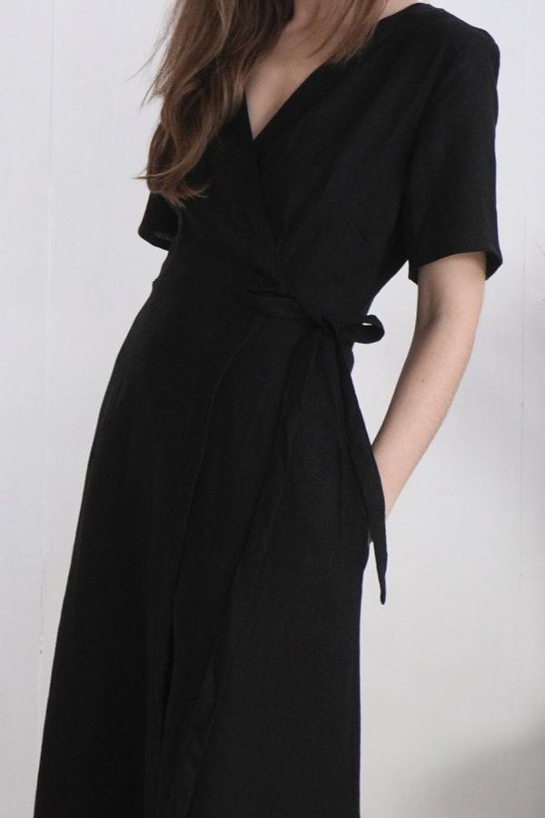 Long linen Wrap Dress | Black