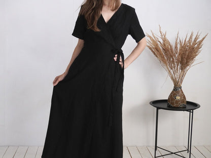 Long linen Wrap Dress | Black