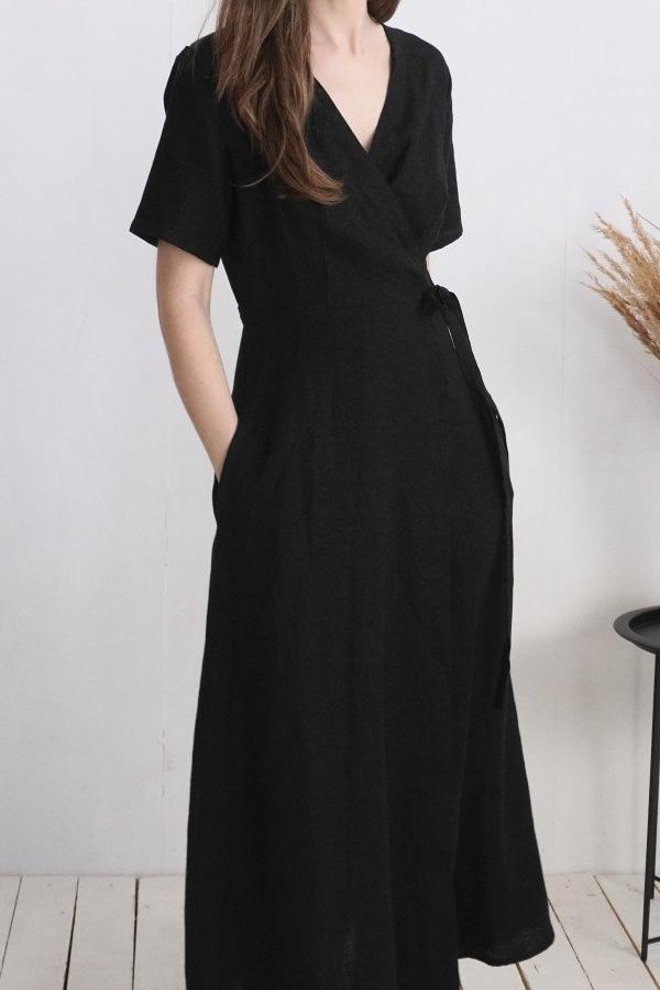 Long linen Wrap Dress | Black