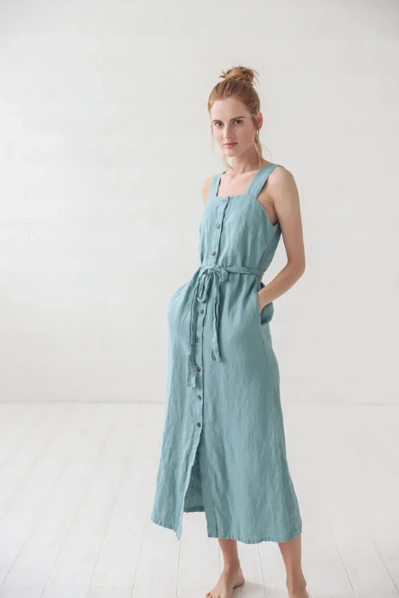 Linen Button Down Dress | Dusty Turquoise