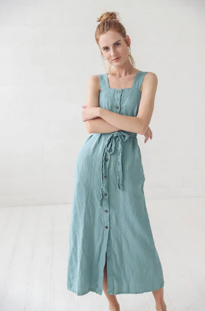 Linen Button Down Dress | Dusty Turquoise