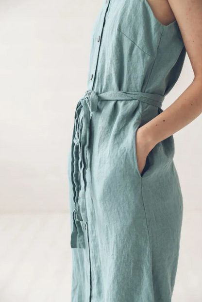 Linen Button Down Dress | Dusty Turquoise