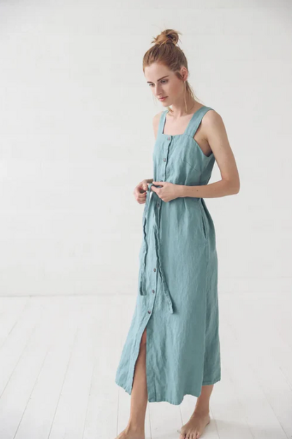 Linen Button Down Dress | Dusty Turquoise