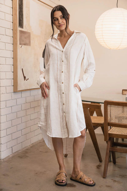 Linen shirt dress | Off White & Nutmeg Stripe