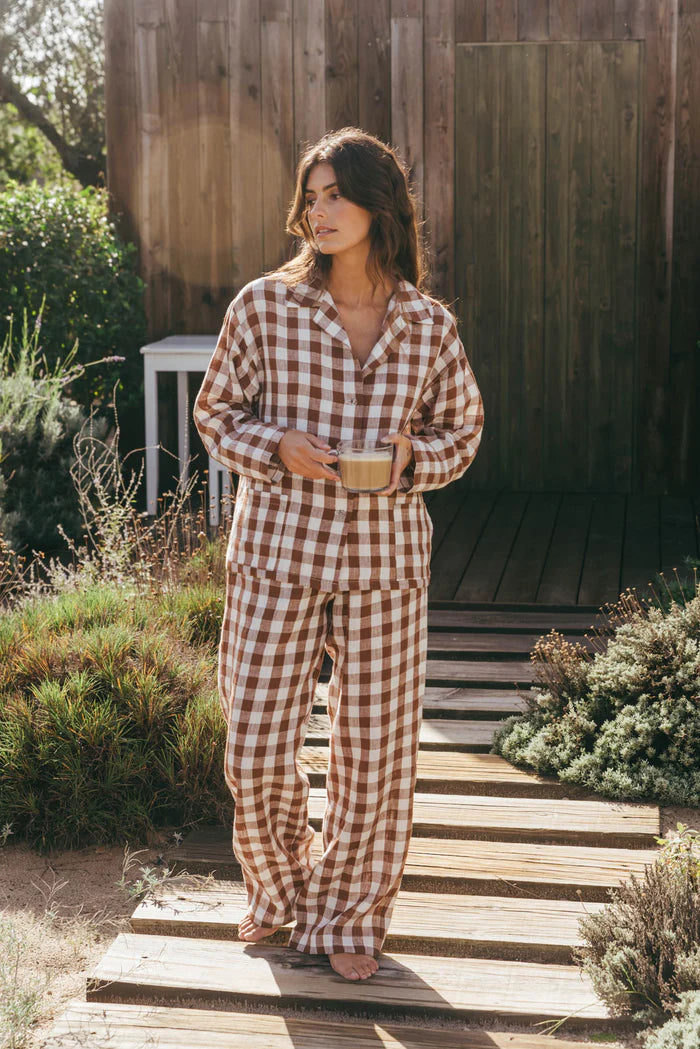 Olivia Linen Set | Mocha Gingham