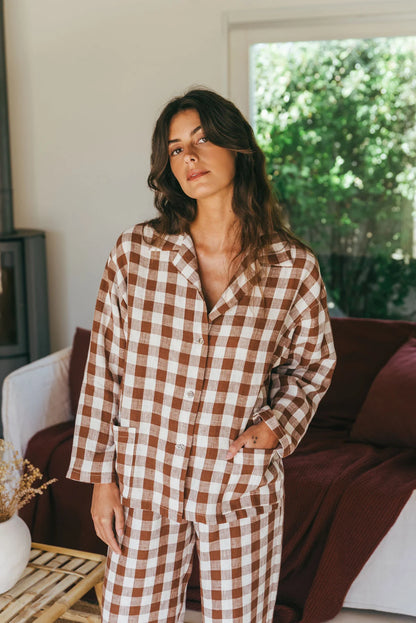 Olivia Linen Set | Mocha Gingham