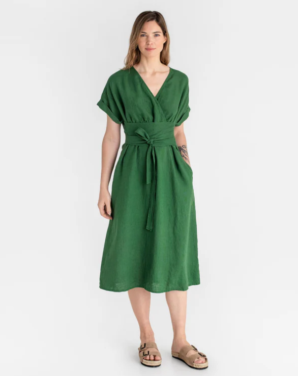 Midi linen Kimono Dress in Green