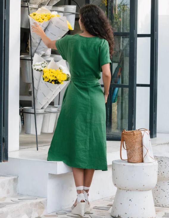 Midi linen Kimono Dress in Green