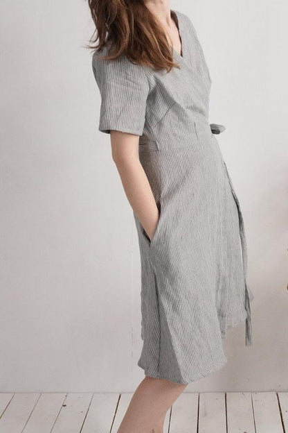 Linen Wrap around Dress | Fine Stripes