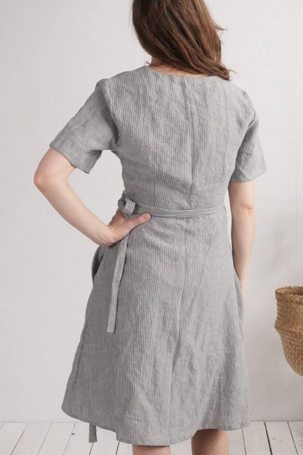 Linen Wrap around Dress | Fine Stripes