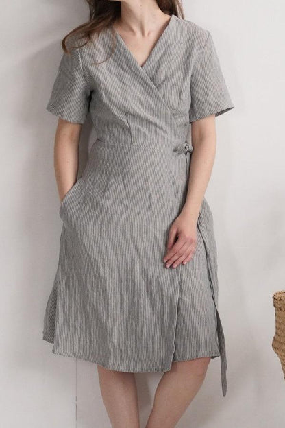 Linen Wrap around Dress | Fine Stripes