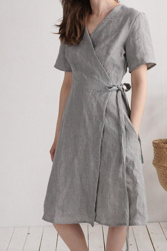 Linen Wrap around Dress | Fine Stripes