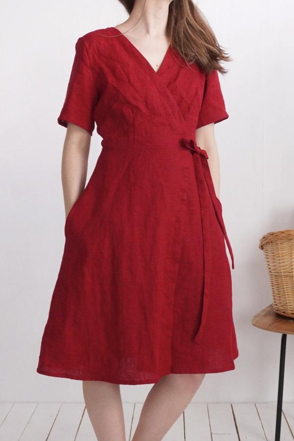 Linen Wrap around Dress | Cherry Red