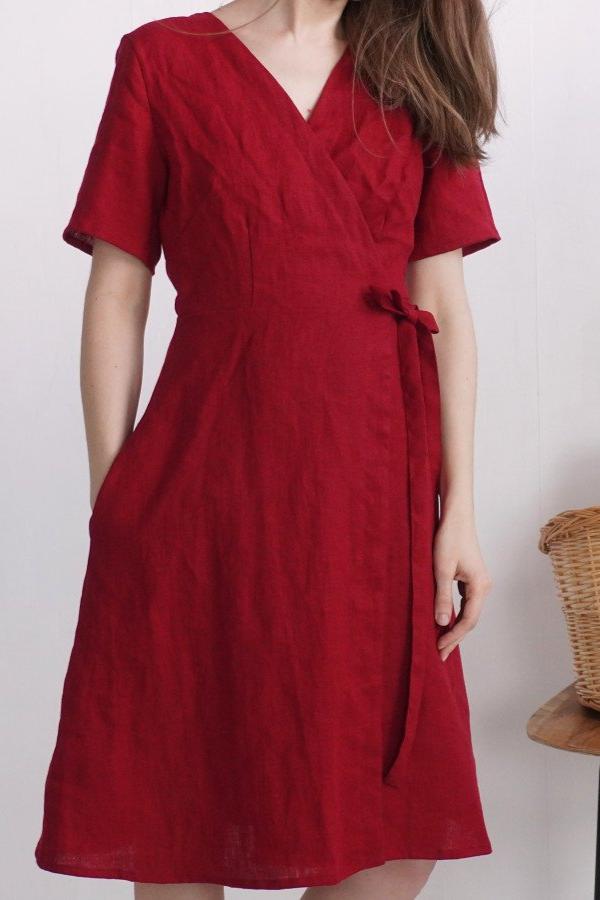 Linen Wrap around Dress | Cherry Red