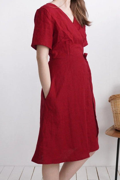 Linen Wrap around Dress | Cherry Red